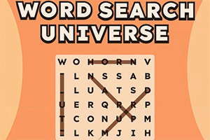 Título «Word Search Universe» sobre una cuadrícula de sopa de letras con palabras marcadas en un fondo naranja