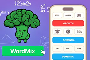 Ilustración de un cerebro verde caricaturesco junto a un teléfono con botones de categorías sobre fondo morado con fórmulas matemáticas