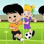 Niños de dibujos animados jugando al fútbol en un campo de césped