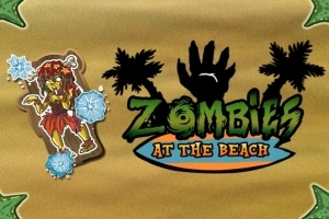 Pegatina de Zombies at the Beach con una chica zombi, palmeras y un fondo de arena